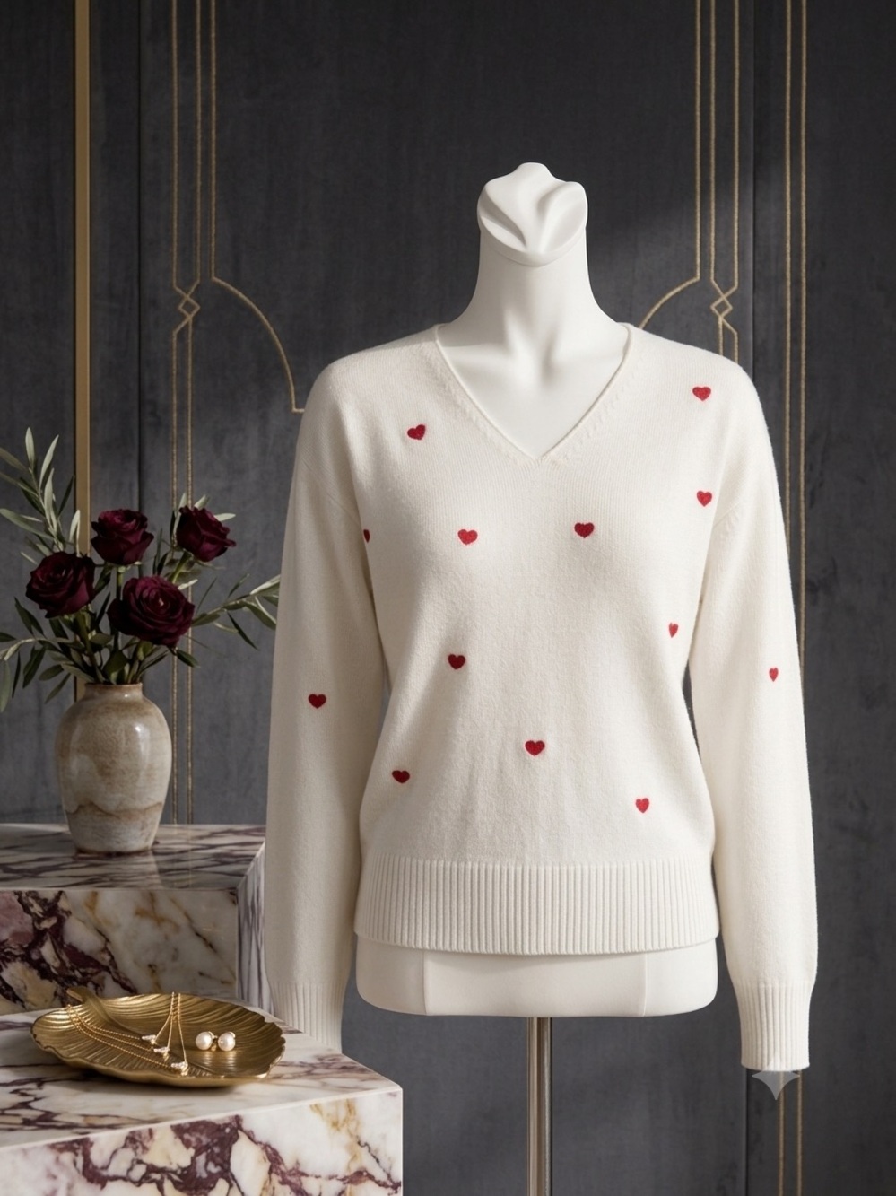 Cream V-Neck Sweater with Red Heart Motif